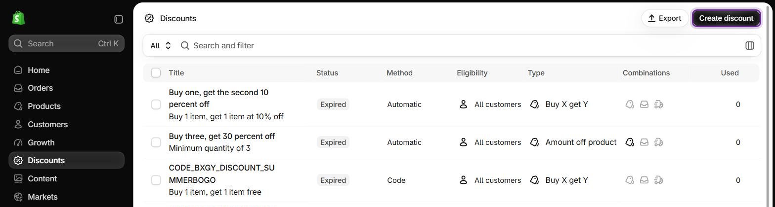 Shopify admin › Discounts: click Create discount to add the automatic discount that matches your combo or bundle offer.