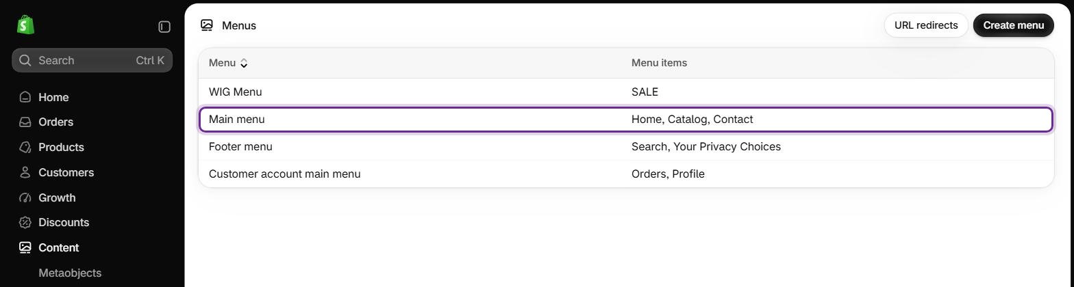Content › Menus: the Main menu holds the links shown in the header menu.