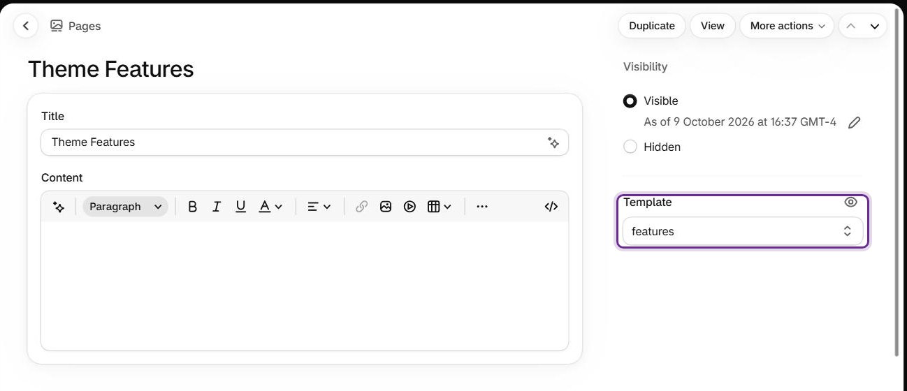 The Template dropdown on a page. 
