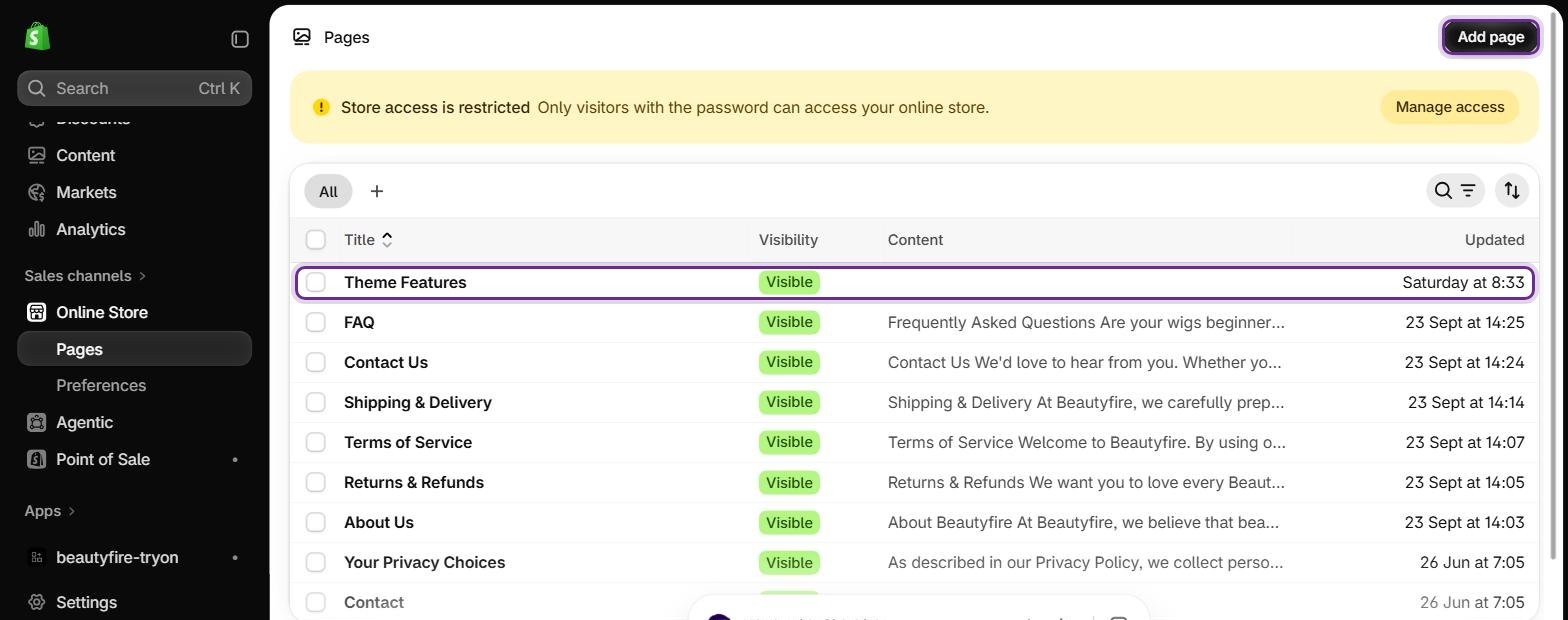 Online Store › Pages: your pages and the Add page button.