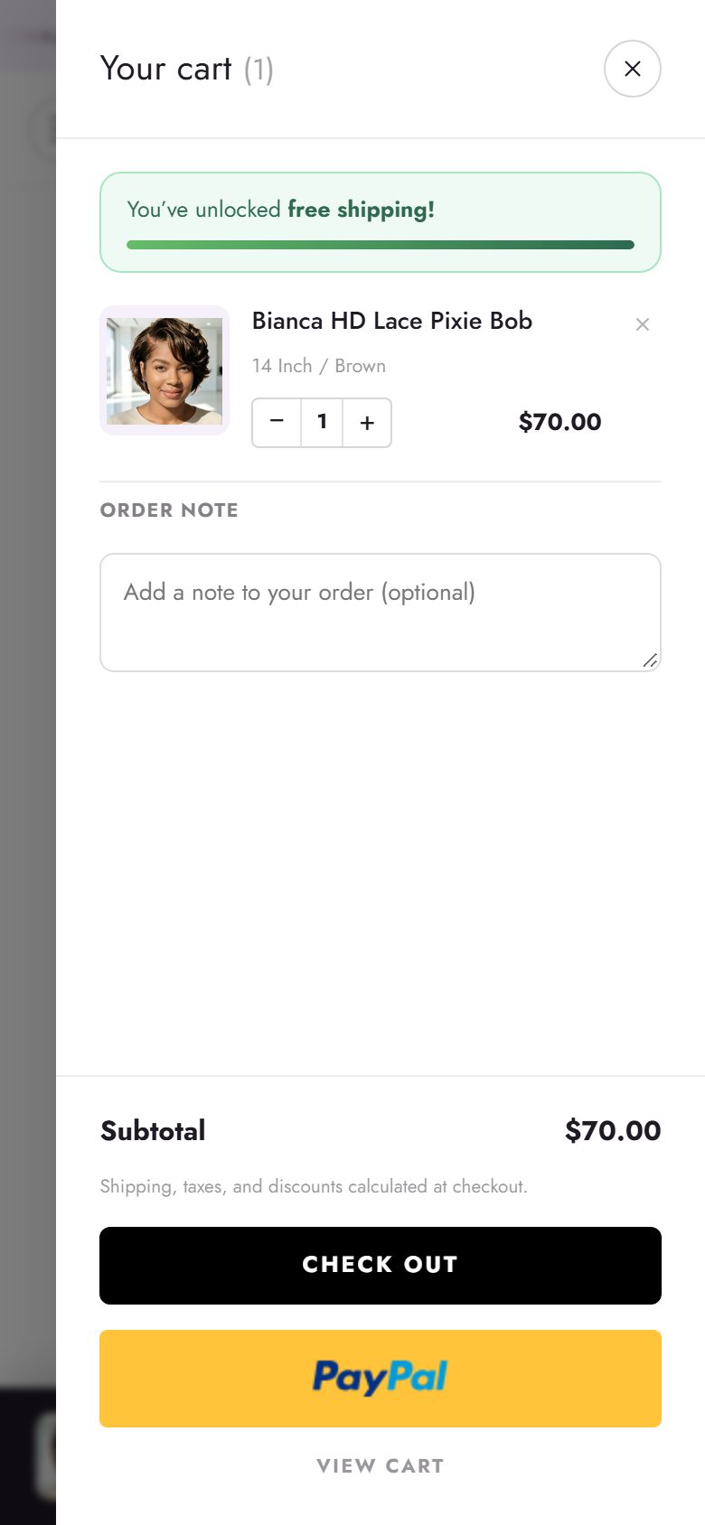 The cart drawer on a phone: free shipping bar, item, order note, subtotal and checkout buttons.