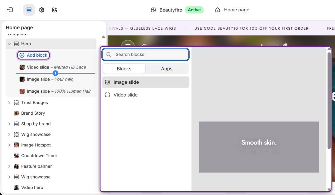 Click Add block (or Add section) to choose what to add. Here: adding a slide to the Hero.