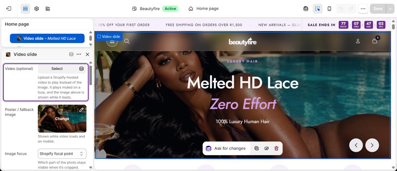 Hero slides work the same way: each slide block has its own video, image and text.