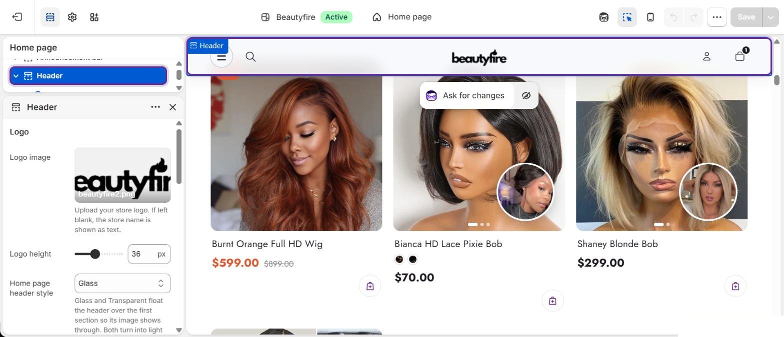 Select the header in the preview or the sidebar to change the logo, header style and menu.
