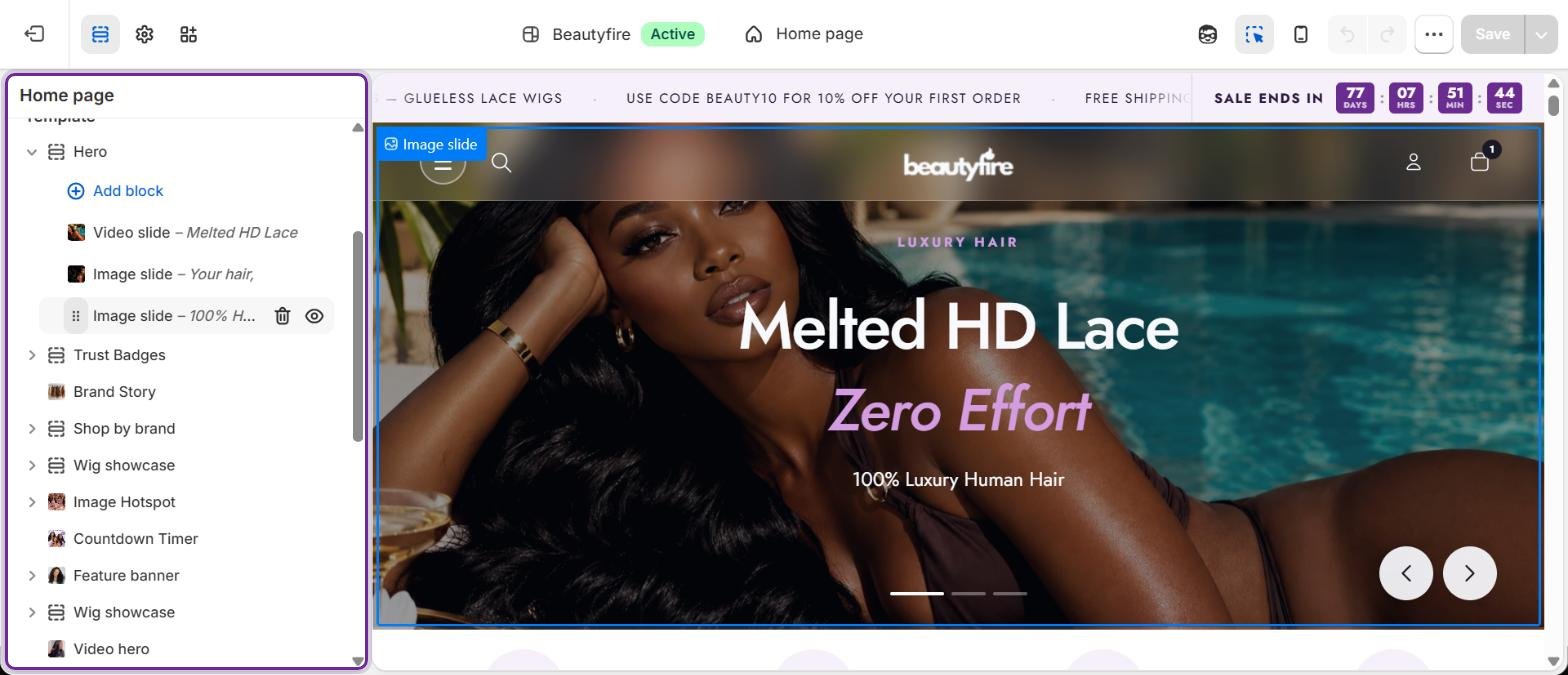 The theme editor. Left: the sections and blocks on the page. Right: a live preview of your store.