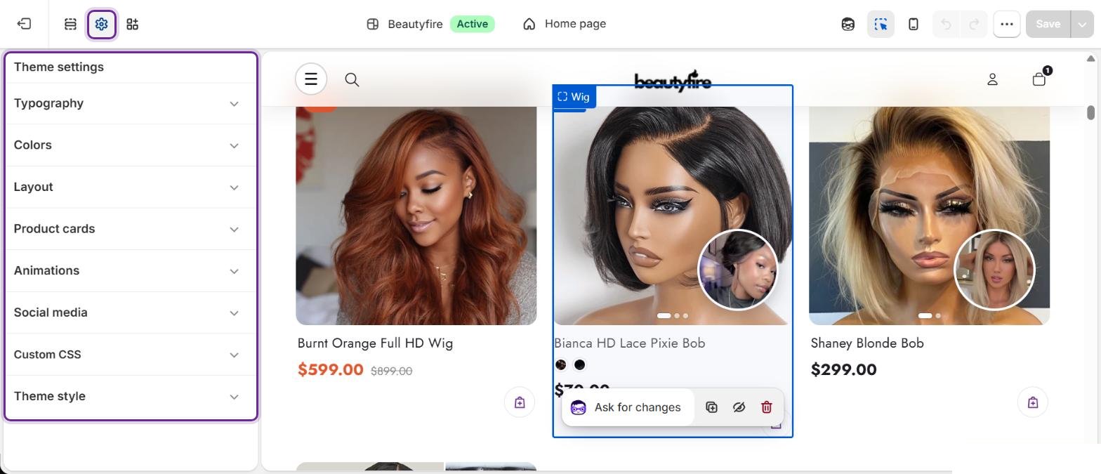 Theme settings: click the gear icon, then open a group such as Colors or Typography.