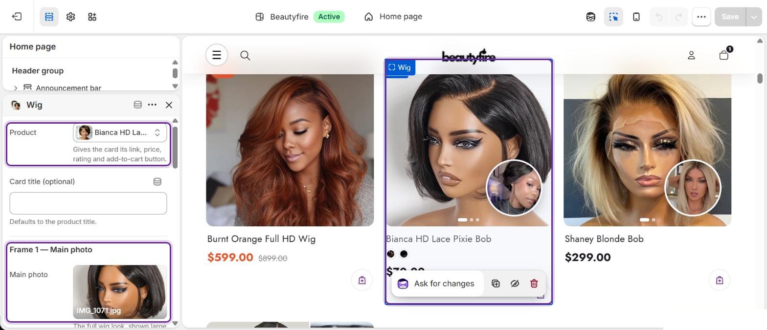 Click a wig card to open its Wig block: pick the Product, then upload Frame 1 (main photo). Scroll the panel for Frame 2 and Frame 3.