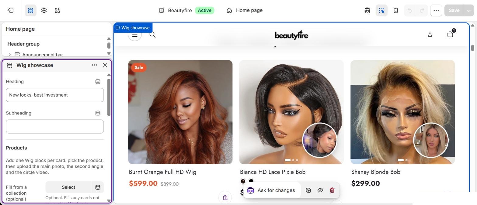 Wig showcase settings: heading, subheading and the optional collection that fills the cards.