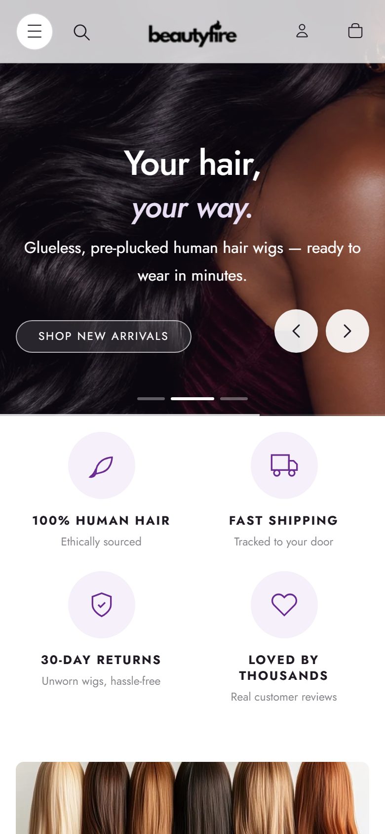 Beautyfire home page on a phone