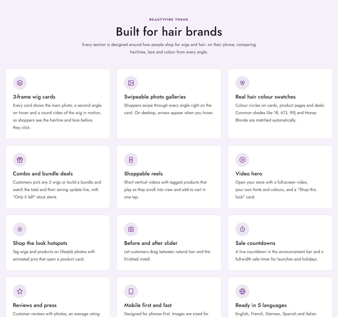 The Theme Features page, built with the Feature grid section.