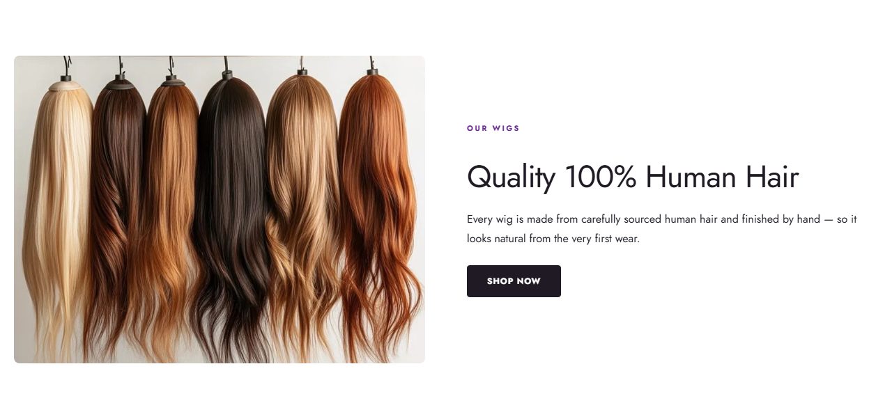 Brand story: image on one side, heading, text and button on the other.
