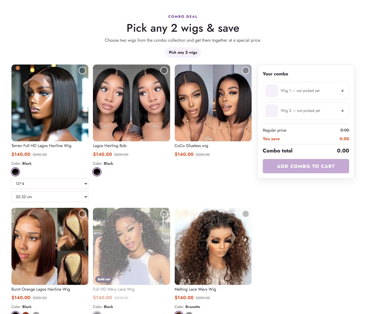 Combo deal: wig cards with swatch circles and option dropdowns, and the combo summary with the saving.