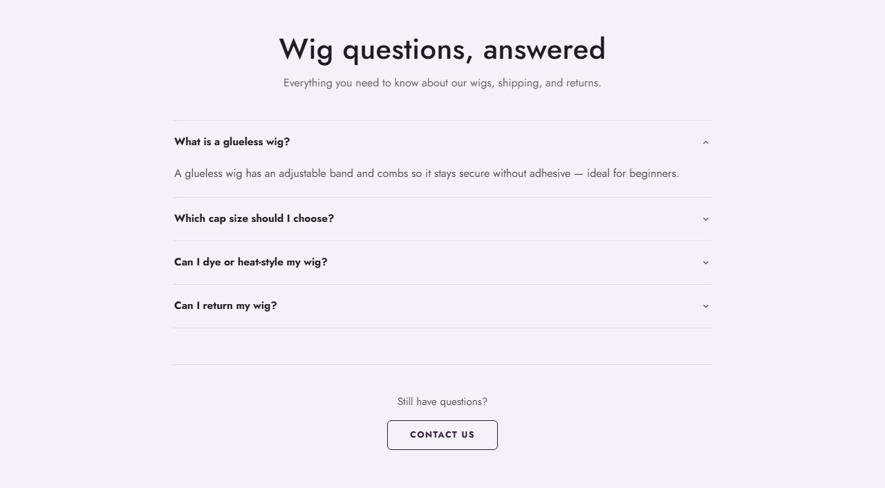 FAQ section with search and questions that open and close.