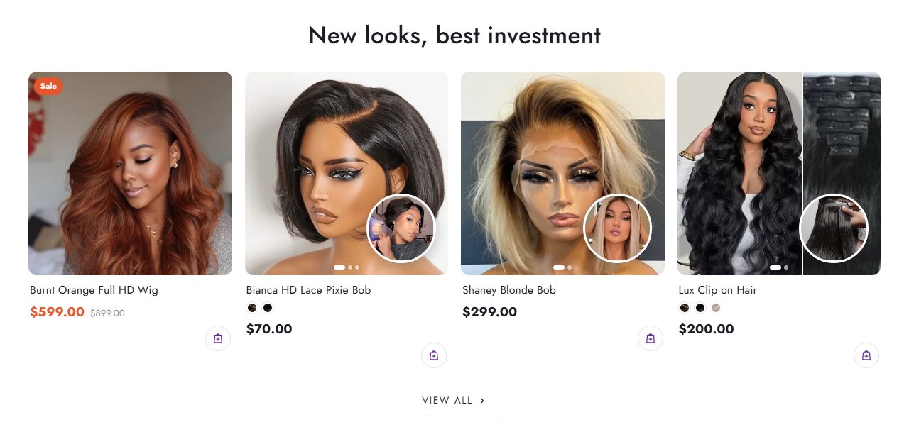 Wig cards: round video frame in the corner, swipe dots, colour dots, price and the quick add bag button.
